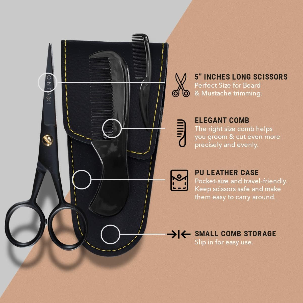 5" Professional German Beard & Mustache Scissors with 2 Comb & Carrying Pouch for Men - Bevel Edge for Precision - Facial Hair Grooming Kit - Mustache Trimming Kit (Black)