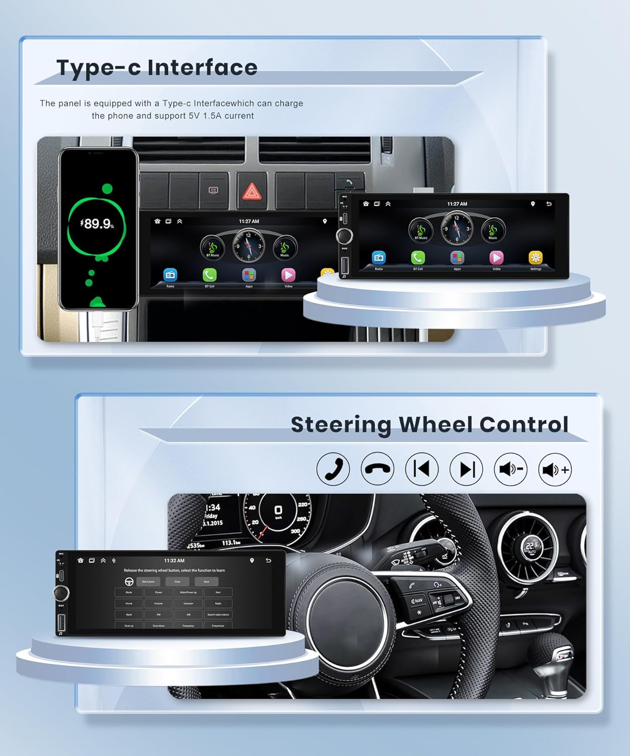 Single Din Car Stereo Wireless Carplay Android Auto 6.86 Inch 1 Din Touch Screen Car Radio Bluetooth FM/RDS EQ Backup Camera USB Type-C SWC AUX in TF