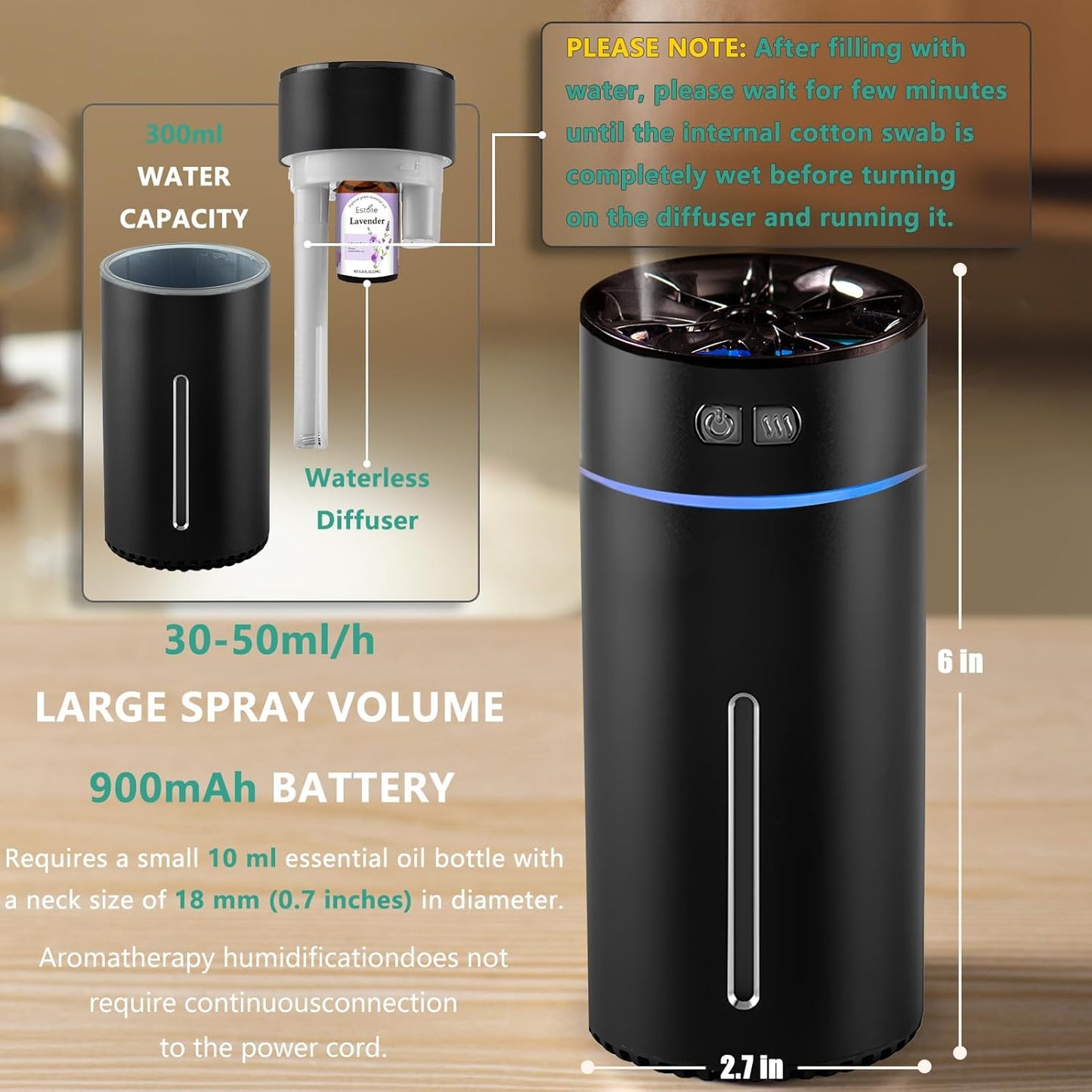 Waterless Car Diffuser for Essential Oils, 300Ml Dual Nozzle Battery Powered Humidifier, Smart Car Air Freshener Diffuser with Colorful Lights & Various Spray Modes for Cars Office Home(Black)