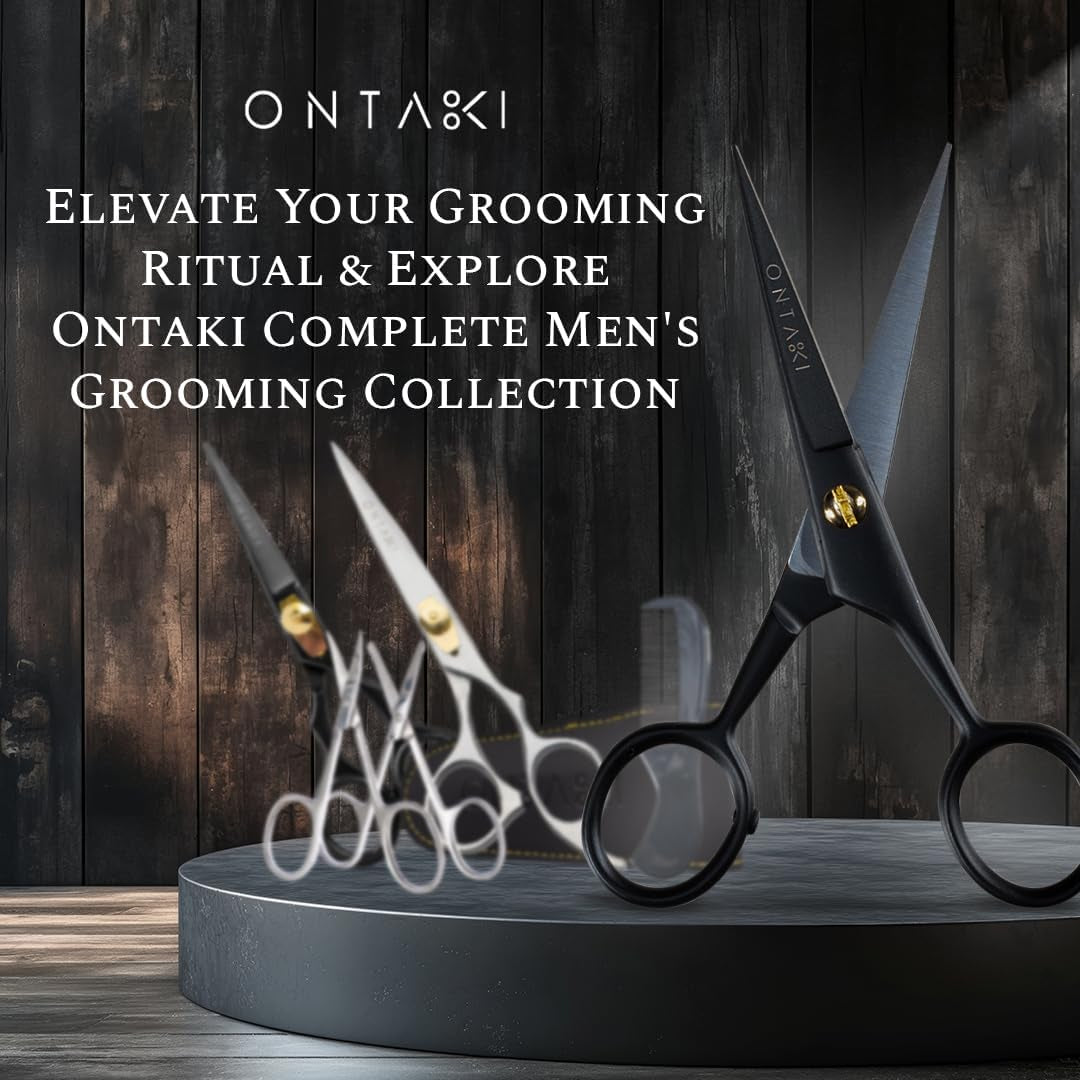 5" Professional German Beard & Mustache Scissors with 2 Comb & Carrying Pouch for Men - Bevel Edge for Precision - Facial Hair Grooming Kit - Mustache Trimming Kit (Black)