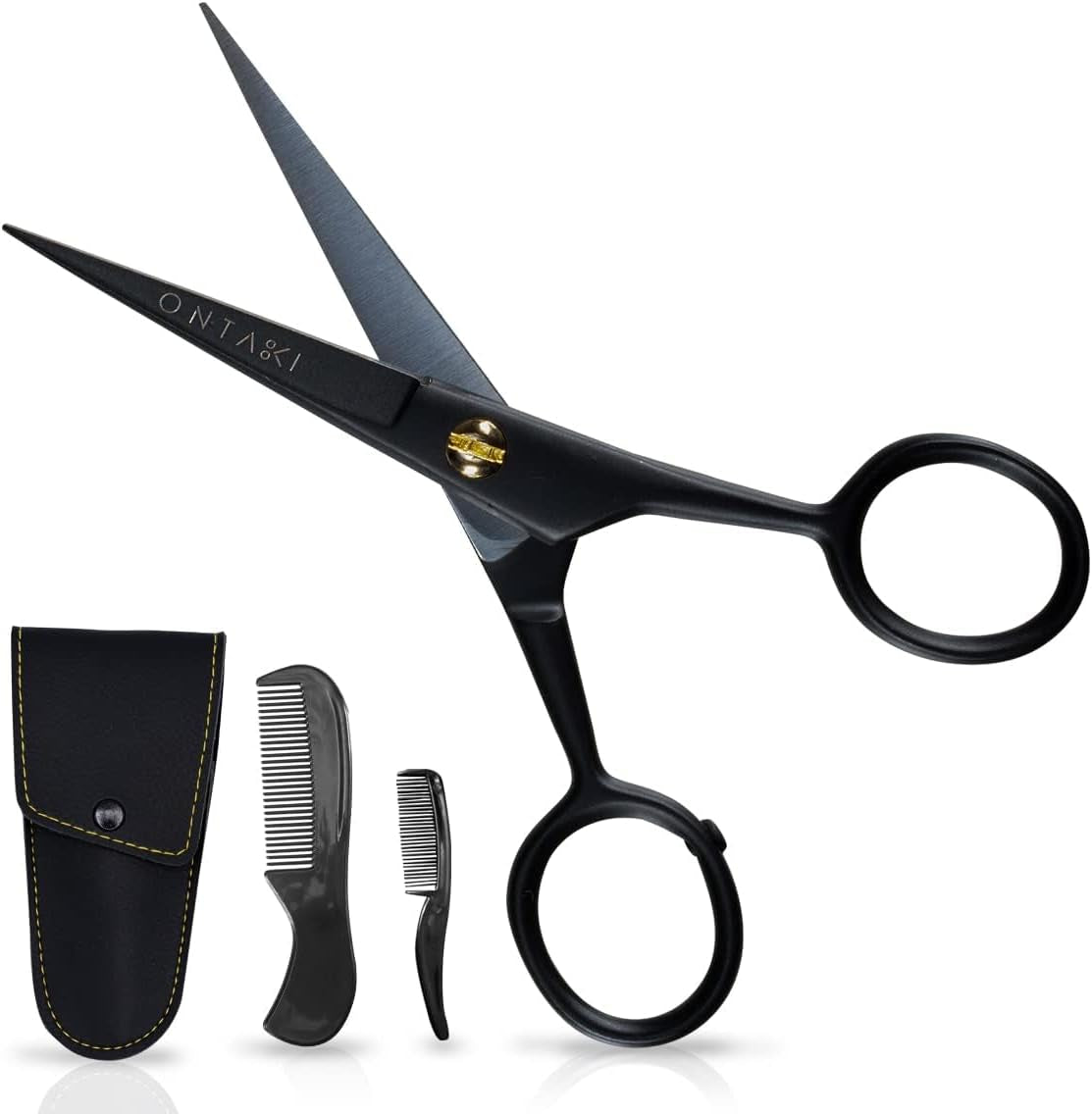 5" Professional German Beard & Mustache Scissors with 2 Comb & Carrying Pouch for Men - Bevel Edge for Precision - Facial Hair Grooming Kit - Mustache Trimming Kit (Black)