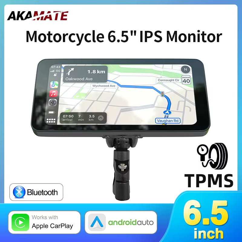 6.5Inch Motorcycle Carplay Android Auto Navigation Monitor Tire Pressure Display Portable IPS Screen Waterproof AUX Bluetooth
