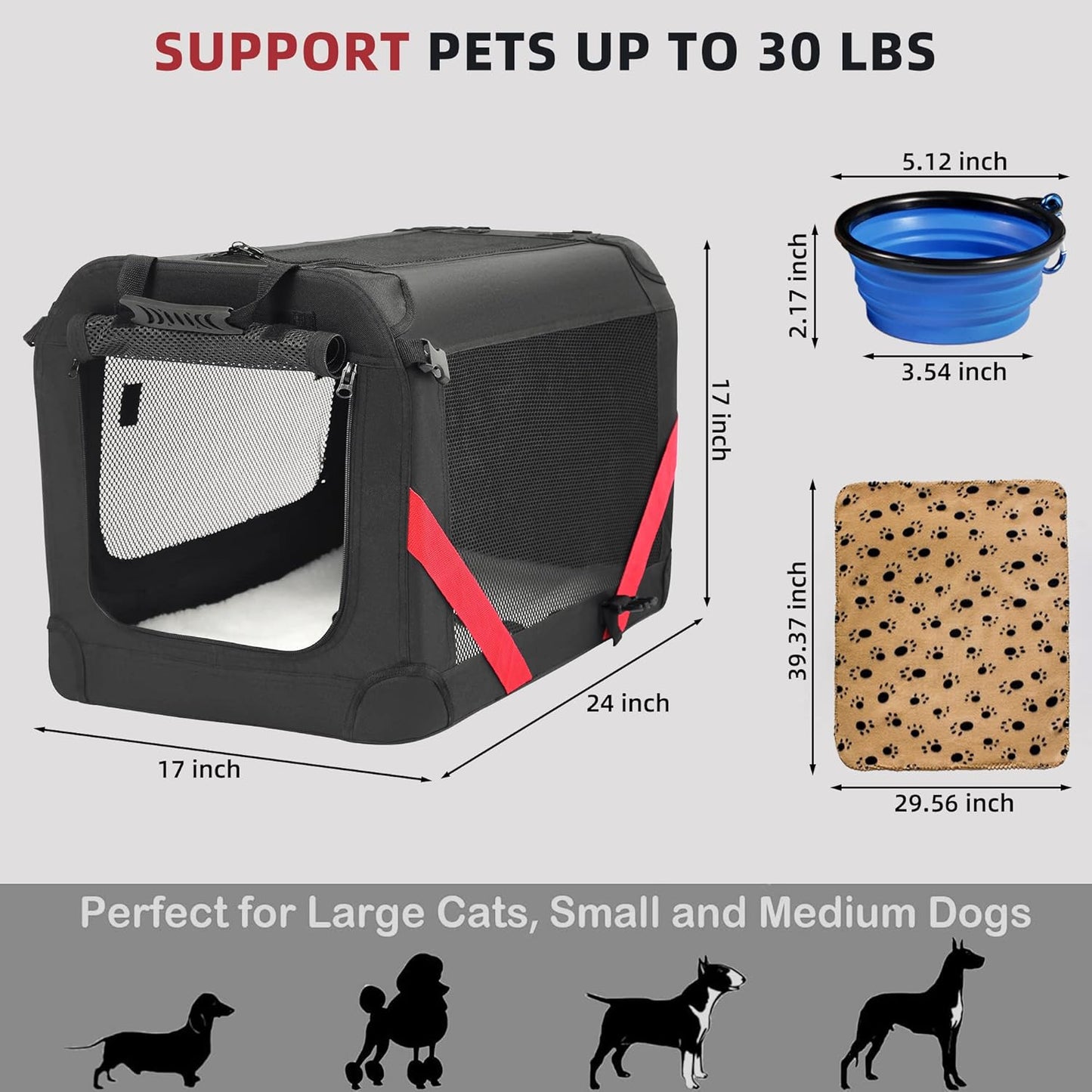 Extra Large Cat Carrier for 2 Cats Small Medium Dogs,Soft Sided Pet Carrier 24X17X17 for Car Travel with Collapsible Litter Box, Warm Blanket, Foldable Bowl and Washable Pad