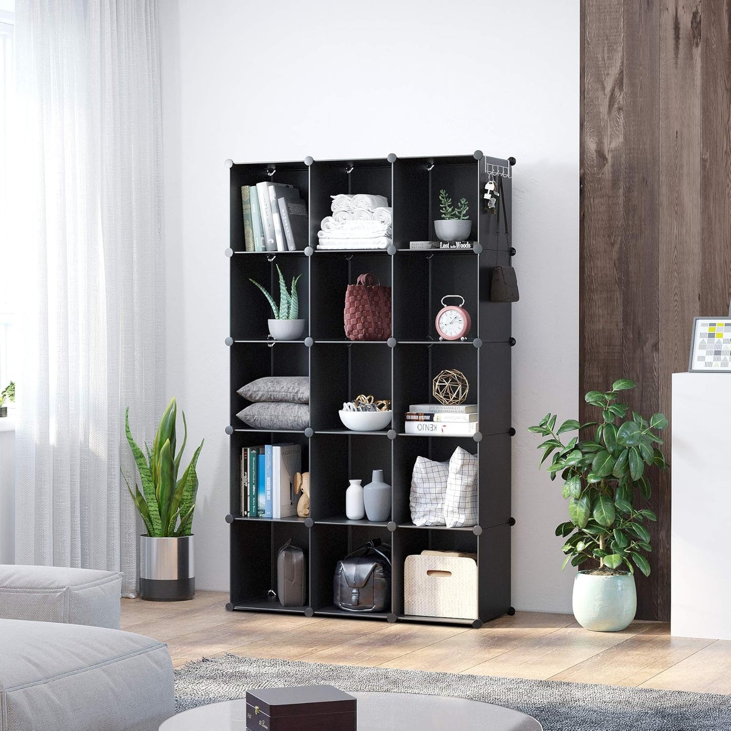 Cube Storage Organizer, 16-Cube Shelves Units, Closet Cabinet, DIY Plastic Modular Book Shelf, Ideal for Bedroom, Living Room, Office, 48.4" L × 12.4" W × 48.4" H Black