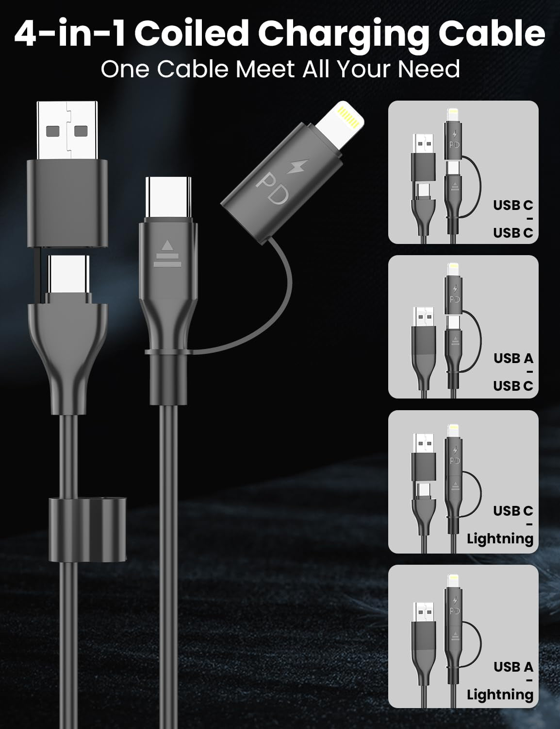 Car Carplay Cable for Iphone 15, Coiled 4-In-1 USB-C Cable, 3FT Car Charger for Iphone 16, 15 Pro Max, Samsung Galaxy, Google Pixel, Supports Carplay & Android Auto (1, Black)
