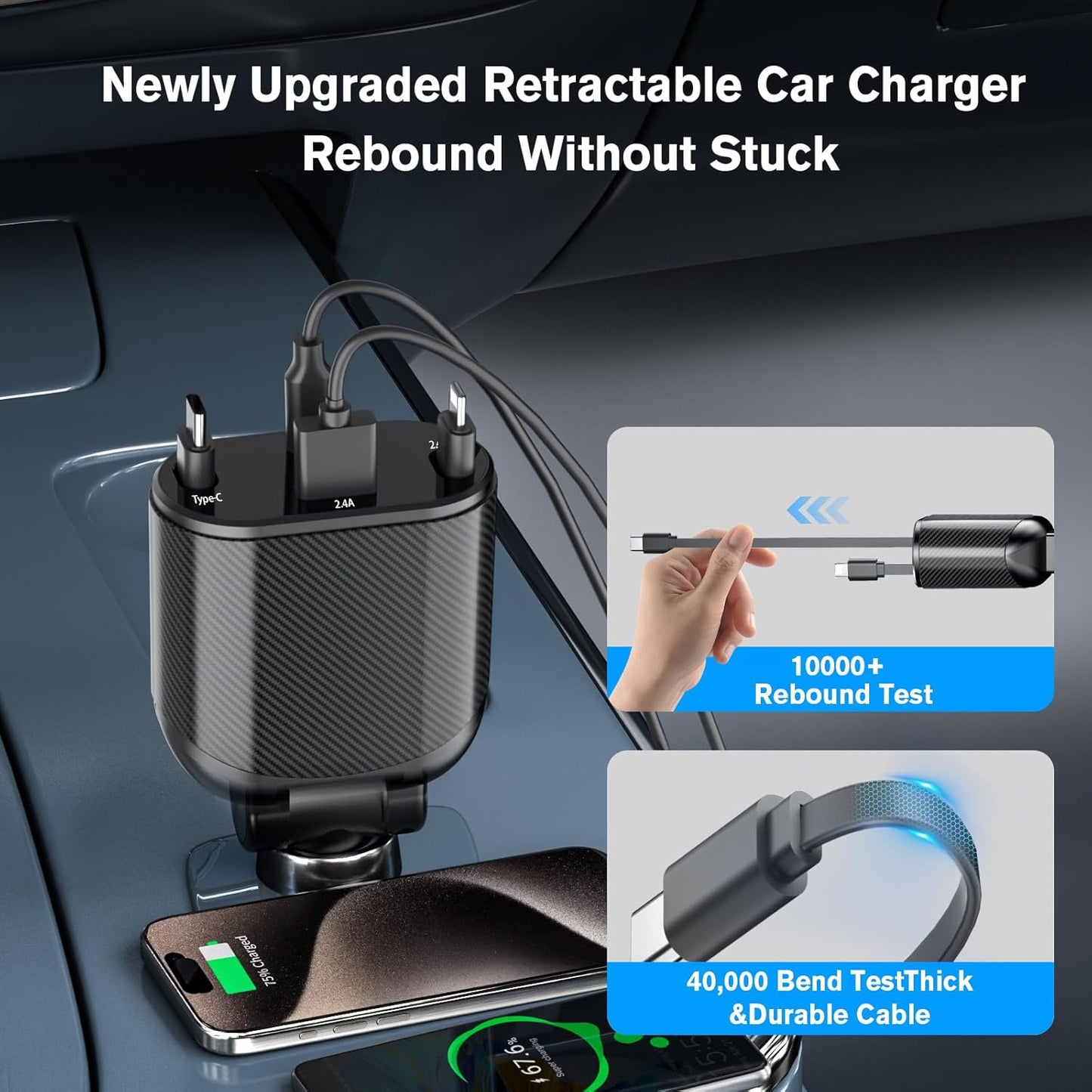 4-In-1 Retractable Car Charger Max 62W for Fast Charging Iphone 15/14/13/12Pro Max Plus,Ipad,Airpods, Galaxy,Google, Type-C/Lightning/Usb C/USB a Devices with Real QC 3.0 & PD 3.0 Car Adapter