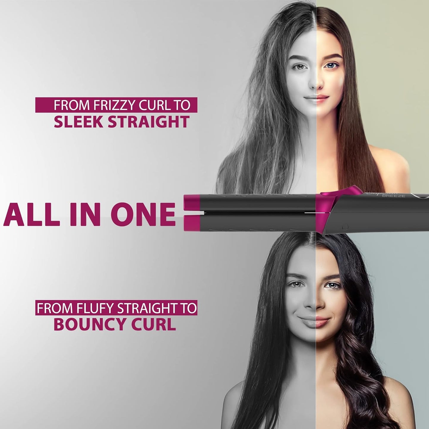 Breeze Airflow Hair Styler, 2-In-1 Hair Straightener and Curler, Create No Damage Long Last Bouncy Curls Waves & Smooth Straight, Ceramic Tourmaline Flat Iron Curling Iron with 5 Heat Settings