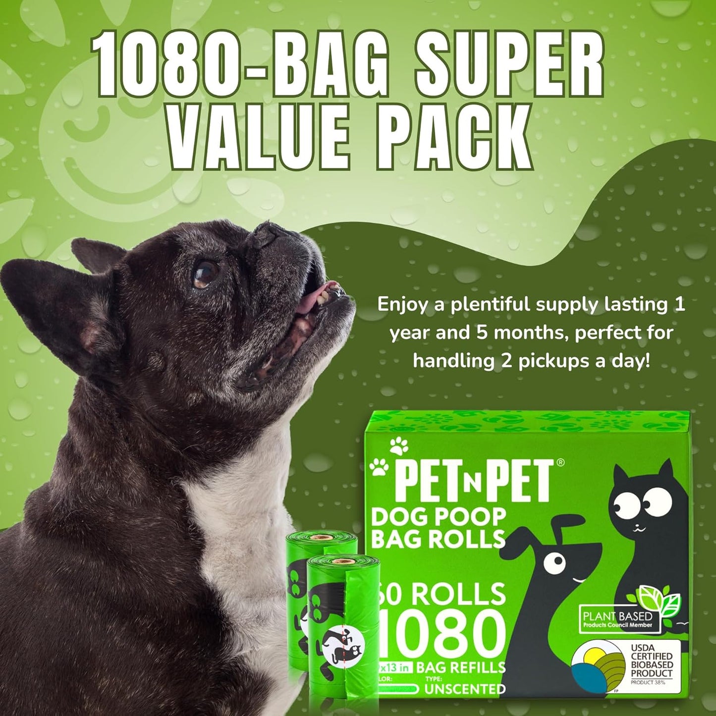 Dog Poop Bags 1080 Counts, USDA Certified 38% Plant Based Sac Caca Chien, Leak Proof Dog Bags Refill Rolls for Doggy Poo, Cat Litter Waste (Unscented, Green)
