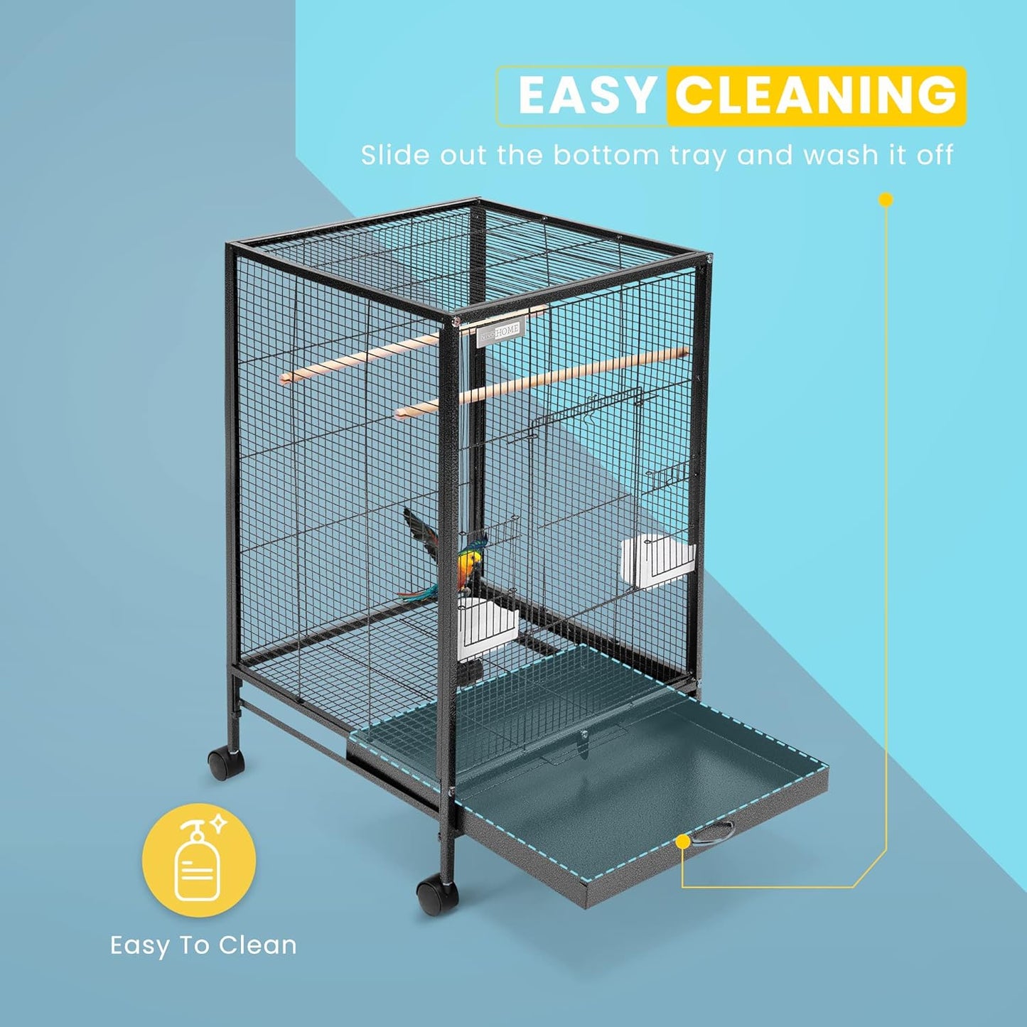 30 Inch Height Wrought Iron Bird Cage with Rolling Stand for Parrots Conure Lovebird Cockatiel Black
