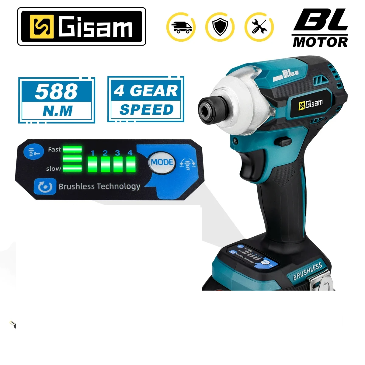 GISAM 588N.m Brushless Impact Driver - 4-Speed Cordless Electric Screwdriver with 1/4" Chuck & 3 LED Lights (Tool Only - Makita 18V Battery Compatible)