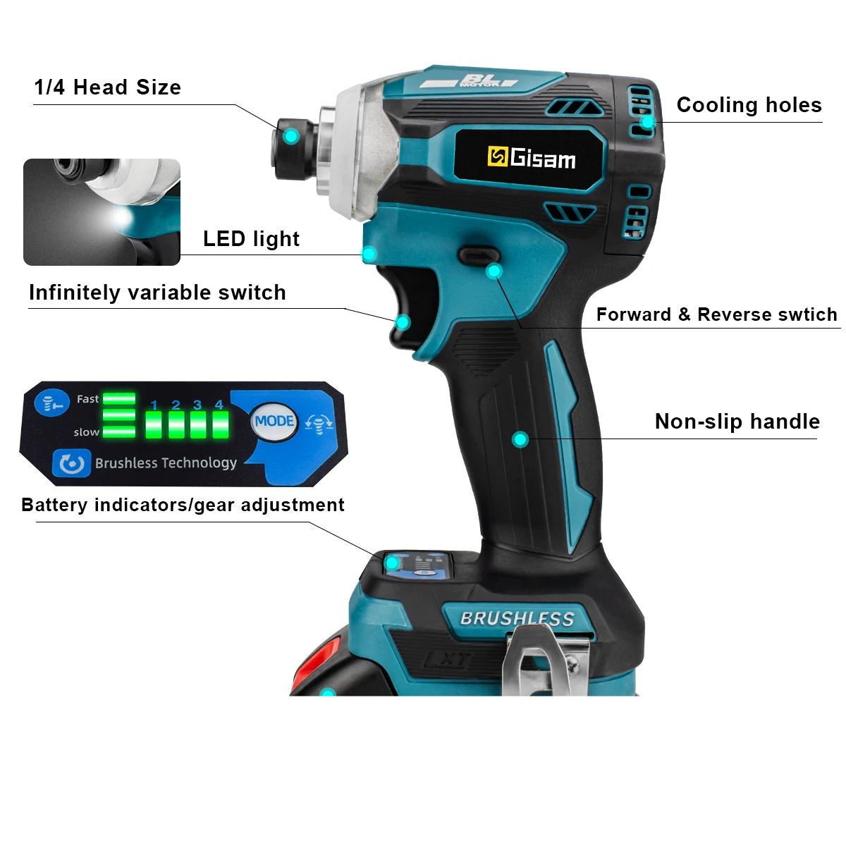 GISAM 588N.m Brushless Impact Driver - 4-Speed Cordless Electric Screwdriver with 1/4" Chuck & 3 LED Lights (Tool Only - Makita 18V Battery Compatible)