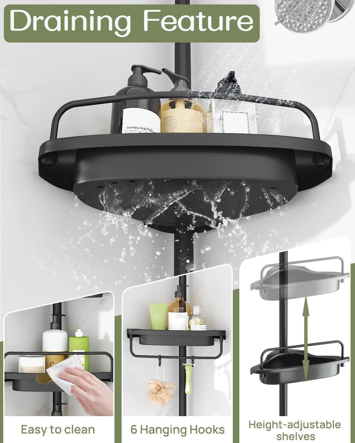 Rustproof Shower Caddy Corner for Bathroom,Bathtub Storage Organizer for Shampoo Accessories,4-Tier Adjustable Shelves with Tension Pole, 39.2 to 113 Inch, Black