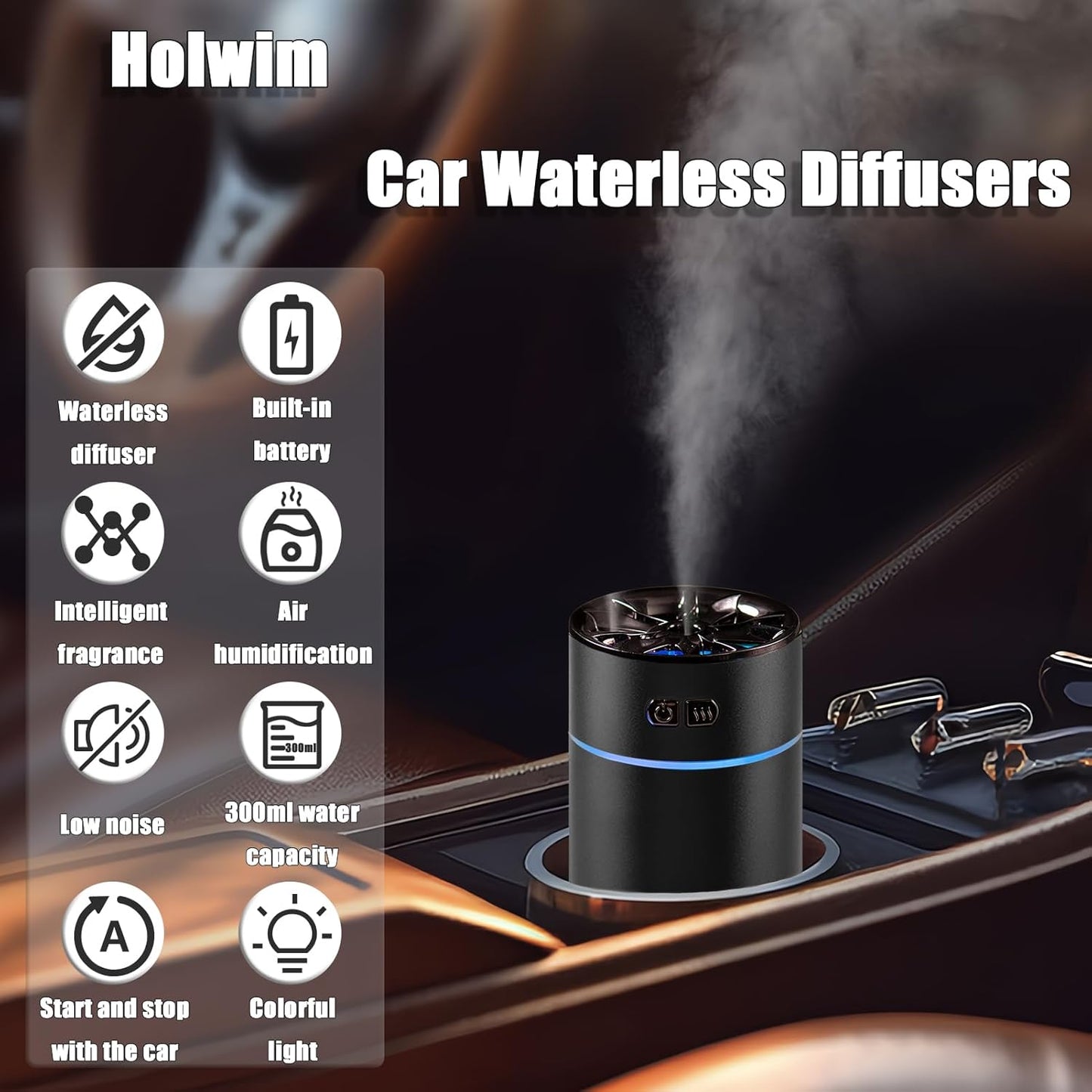 Waterless Car Diffuser for Essential Oils, 300Ml Dual Nozzle Battery Powered Humidifier, Smart Car Air Freshener Diffuser with Colorful Lights & Various Spray Modes for Cars Office Home(Black)