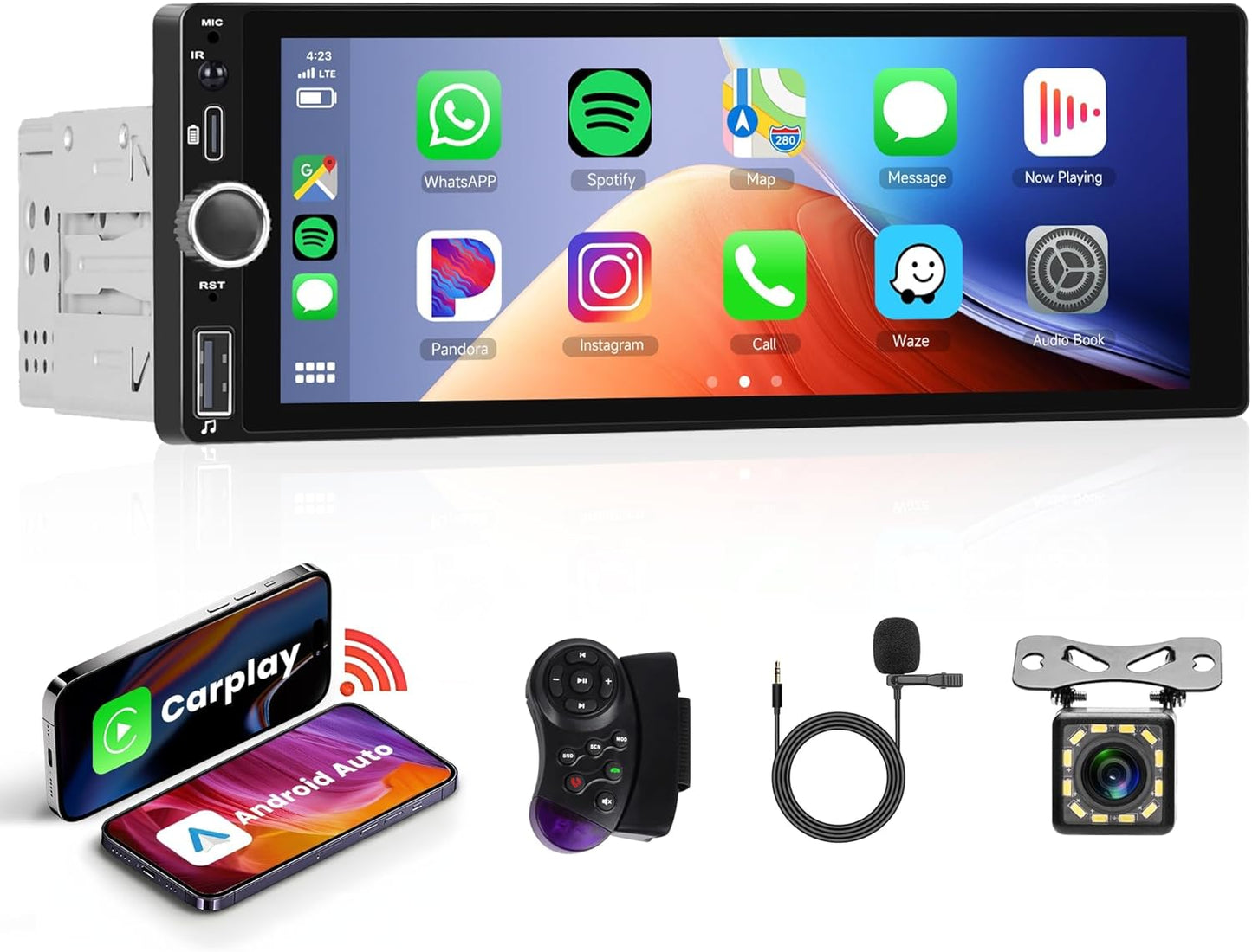 Single Din Car Stereo Wireless Carplay Android Auto 6.86 Inch 1 Din Touch Screen Car Radio Bluetooth FM/RDS EQ Backup Camera USB Type-C SWC AUX in TF