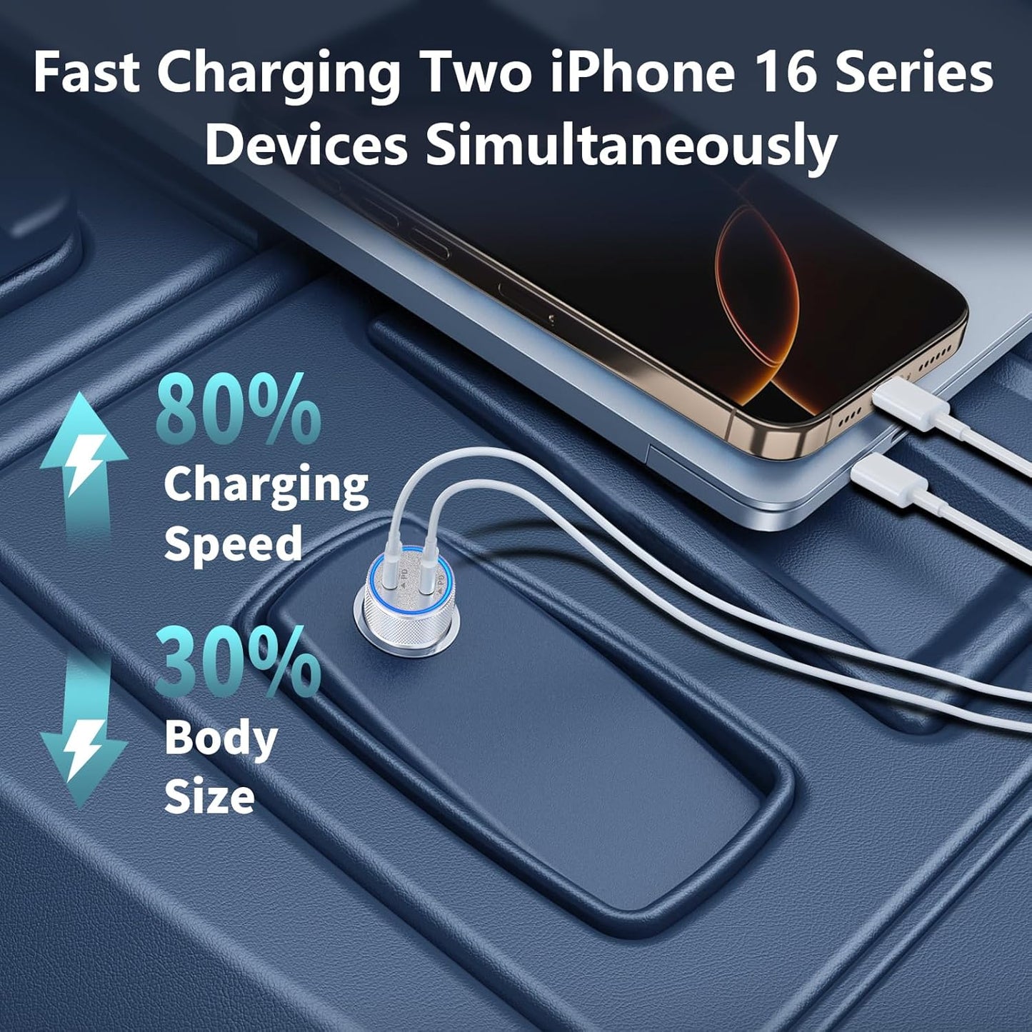 【Apple Mfi Certified】Iphone 16 Car Charger Fast Charging, 90W PD Power Cigarette Lighter USB-C Car Carplay Charger with 2Pack Type-C Cable for Iphone 16 Pro Max/15/15 Pro/Galaxy S24/S23/Pixel