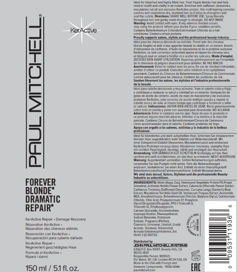 Paul Mitchell Forever Blonde Leave-In Treatment Spray, Repairs + Adds Shine, Ideal for Bleached + Lightened Hair, 150 Ml