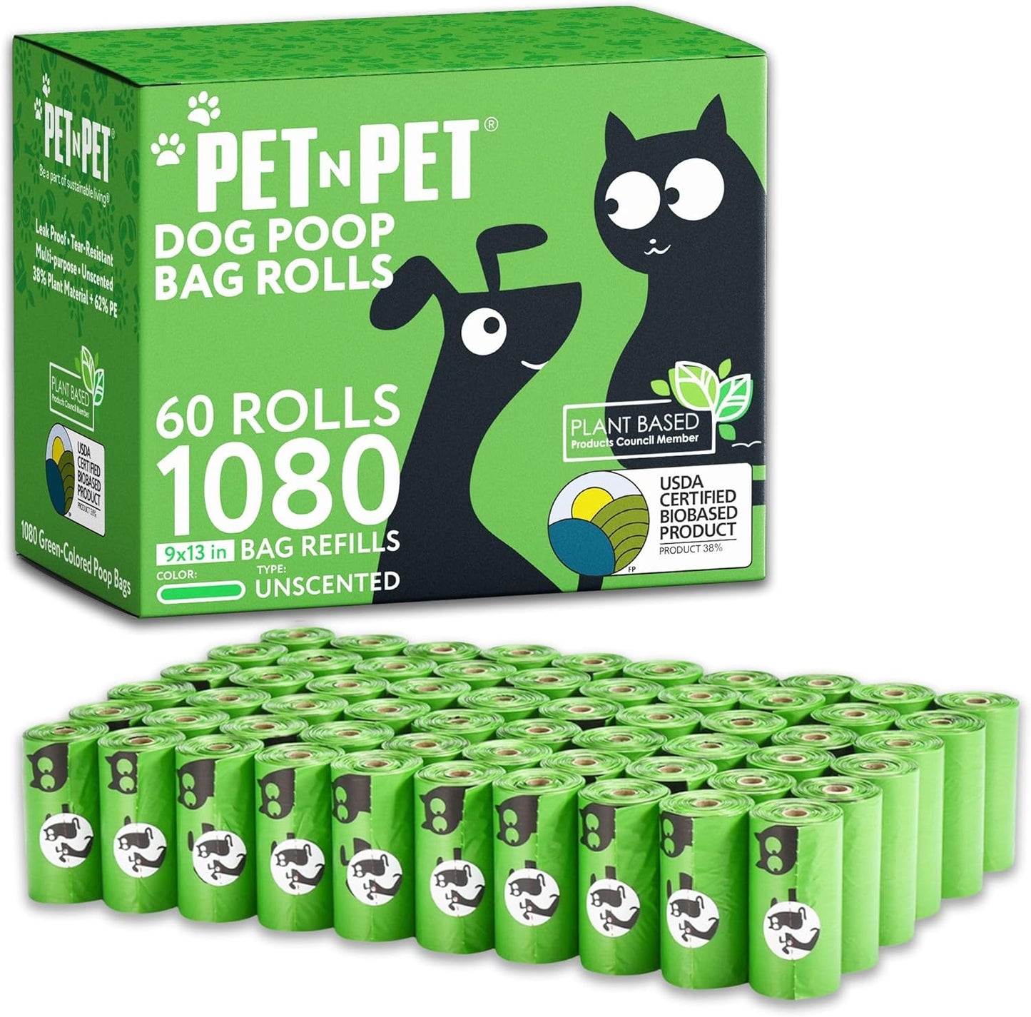 Dog Poop Bags 1080 Counts, USDA Certified 38% Plant Based Sac Caca Chien, Leak Proof Dog Bags Refill Rolls for Doggy Poo, Cat Litter Waste (Unscented, Green)