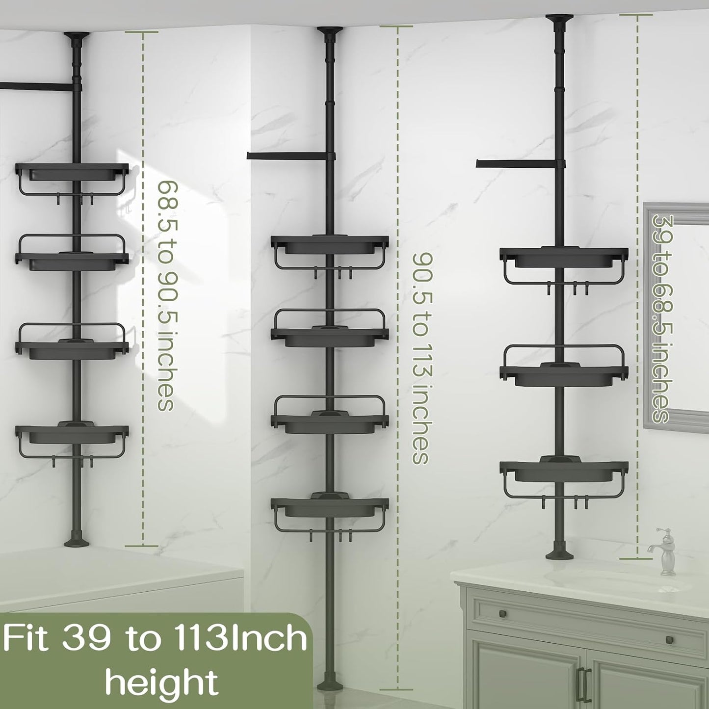 Rustproof Shower Caddy Corner for Bathroom,Bathtub Storage Organizer for Shampoo Accessories,4-Tier Adjustable Shelves with Tension Pole, 39.2 to 113 Inch, Black