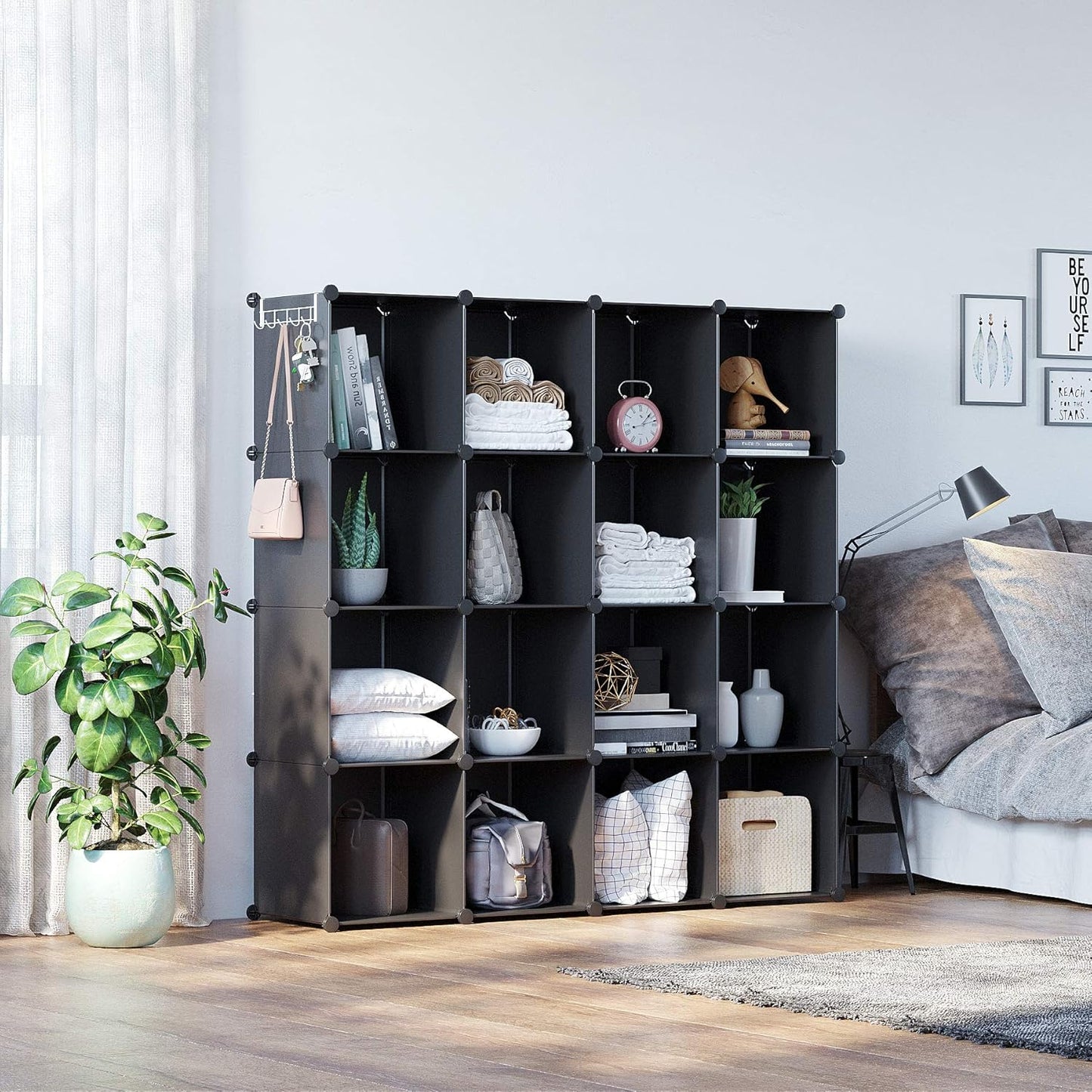 Cube Storage Organizer, 16-Cube Shelves Units, Closet Cabinet, DIY Plastic Modular Book Shelf, Ideal for Bedroom, Living Room, Office, 48.4" L × 12.4" W × 48.4" H Black