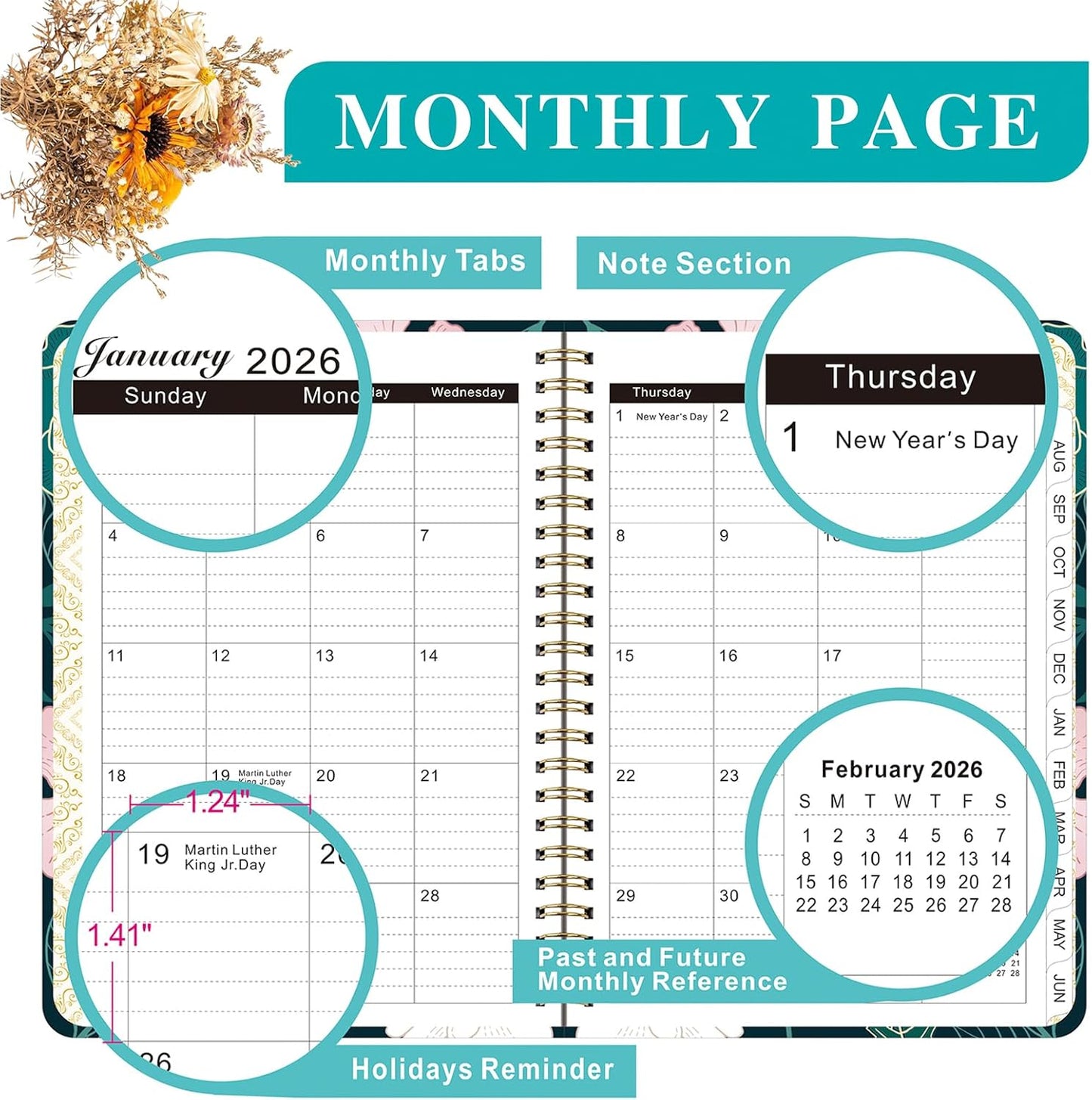 Planner 2025-2026,Agenda 2025-2026, July 2025 to June 2026 Monthly Weekly Calendar Planner with Month Tabs, 6.1" X 8.5" Hardcover Spiral Bound Cover for Daytimer Schedule Work School (A01)