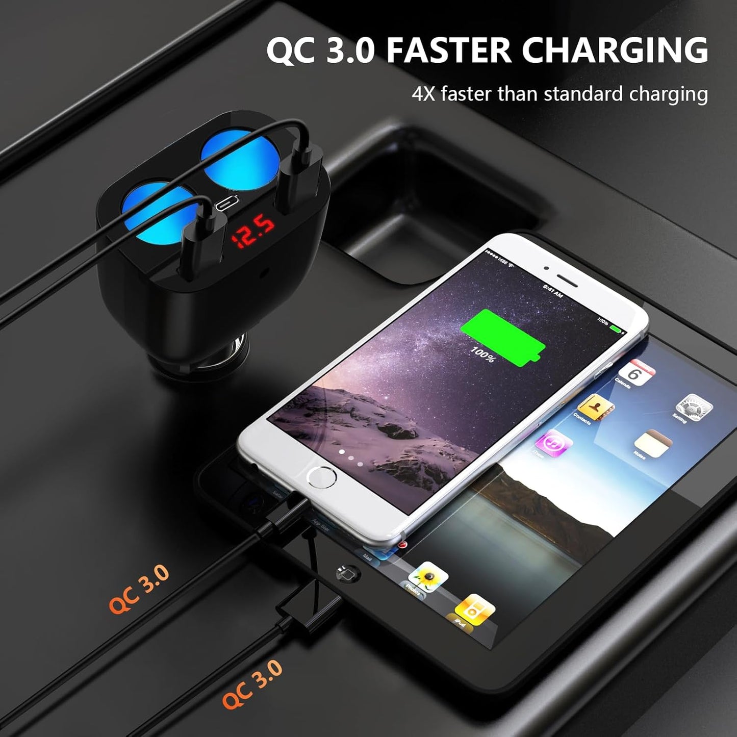 100°Adjustable Double Cigarette Lighter Adapter, 2-Socket Car Splitter 120W, 12V/24V Car Cigarette Lighter Splitte with LED Voltmeter & 2 USB Ports & Type C Port, Fast Car Charger Adapter 120W