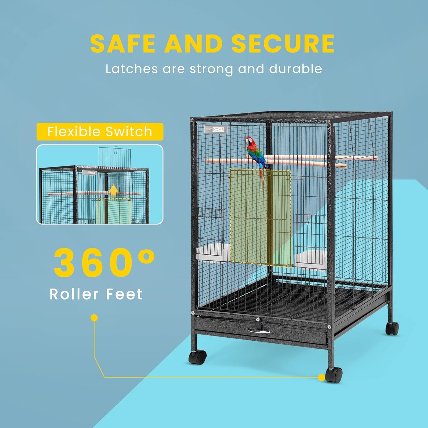 30 Inch Height Wrought Iron Bird Cage with Rolling Stand for Parrots Conure Lovebird Cockatiel Black
