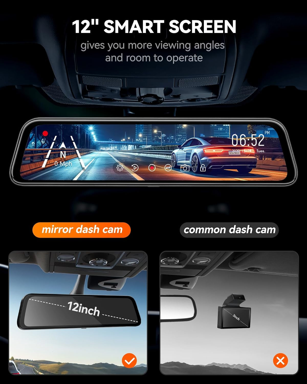 G840S 12" 4K Rear View Mirror Camera, 2160P Full HD Smart Mirror Dash Cam for Cars & Trucks, Mirror Front and Rear View Dual Cameras, Night Vision, Parking Assistance, Included 32GB Card & GPS