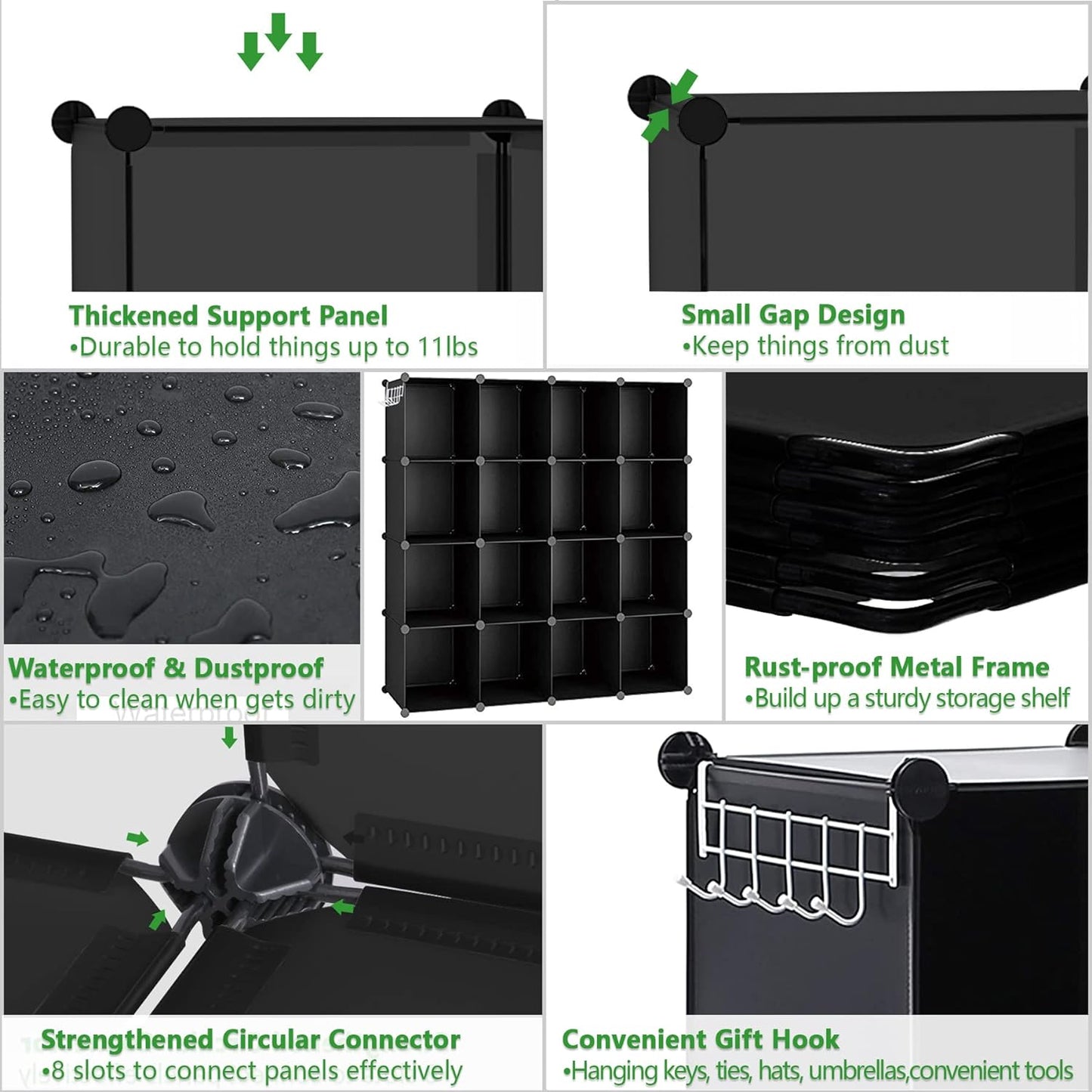 Cube Storage Organizer, 16-Cube Shelves Units, Closet Cabinet, DIY Plastic Modular Book Shelf, Ideal for Bedroom, Living Room, Office, 48.4" L × 12.4" W × 48.4" H Black
