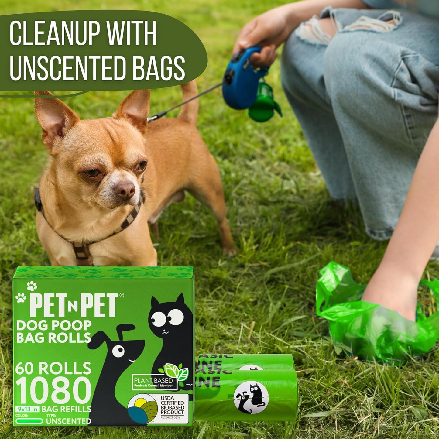 Dog Poop Bags 1080 Counts, USDA Certified 38% Plant Based Sac Caca Chien, Leak Proof Dog Bags Refill Rolls for Doggy Poo, Cat Litter Waste (Unscented, Green)