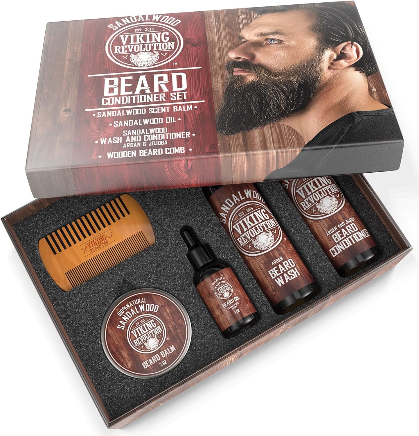 - Beard Kit Conditioner - Beard Grooming Kit with with Beard Wash, Conditioner, Beard Oil, Beard Balm & Beard Comb - Softens, Smoothes, Soothes - Gifts for Men - Sandalwood