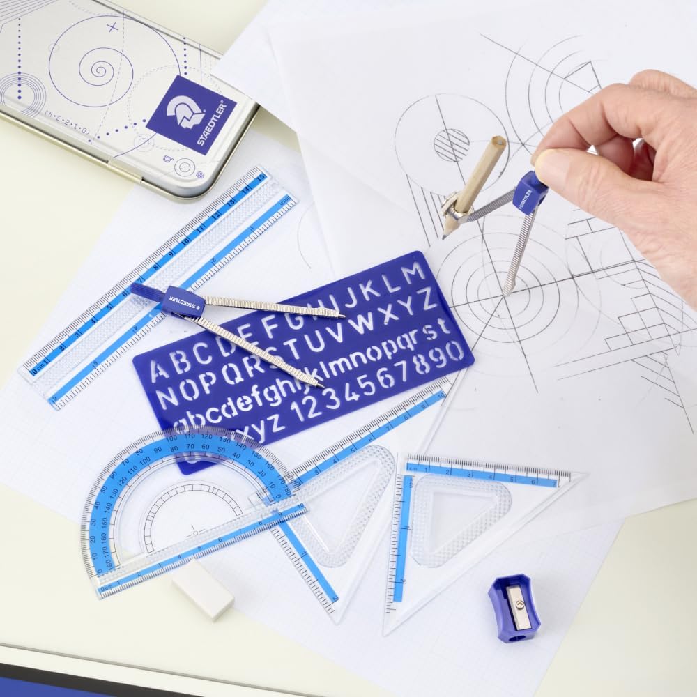 10-Piece Math Set with Metal Compass, 6" Ruler & Triangle Squares, 45° & 30/60° Set Squares, Alphabet Stencil - Measuring Tools