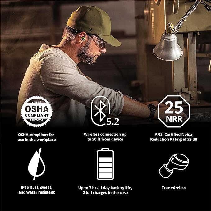Free 2.0 True Wireless Earbuds: Improved 25 Db Noise Reduction Rating, 21 Hour Total Battery Life, Noise Cancelling Mic, OSHA Compliant Bluetooth Hearing Protector
