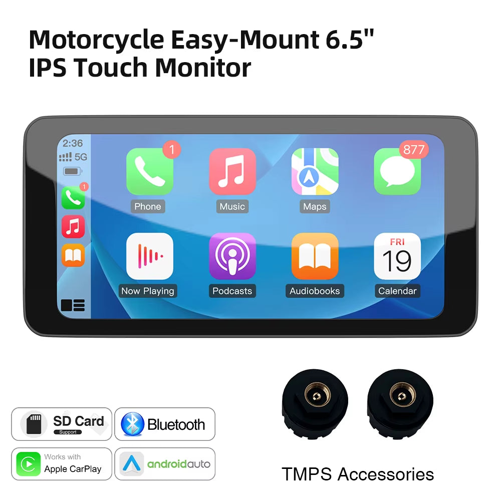 6.5Inch Motorcycle Carplay Android Auto Navigation Monitor Tire Pressure Display Portable IPS Screen Waterproof AUX Bluetooth