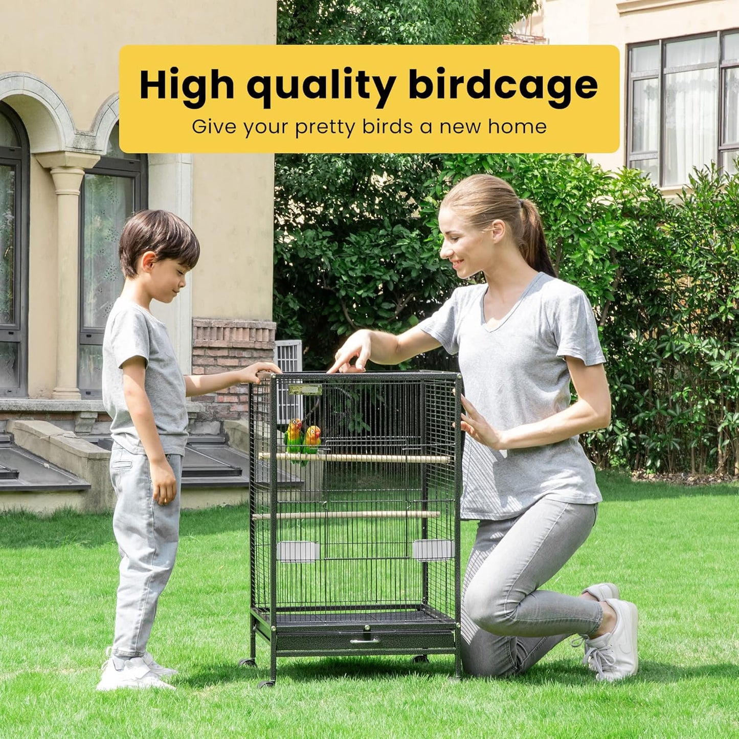 30 Inch Height Wrought Iron Bird Cage with Rolling Stand for Parrots Conure Lovebird Cockatiel Black