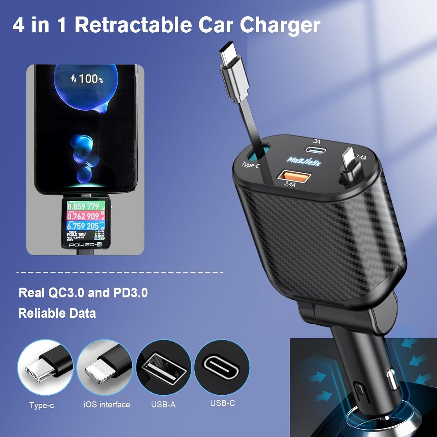 4-In-1 Retractable Car Charger Max 62W for Fast Charging Iphone 15/14/13/12Pro Max Plus,Ipad,Airpods, Galaxy,Google, Type-C/Lightning/Usb C/USB a Devices with Real QC 3.0 & PD 3.0 Car Adapter