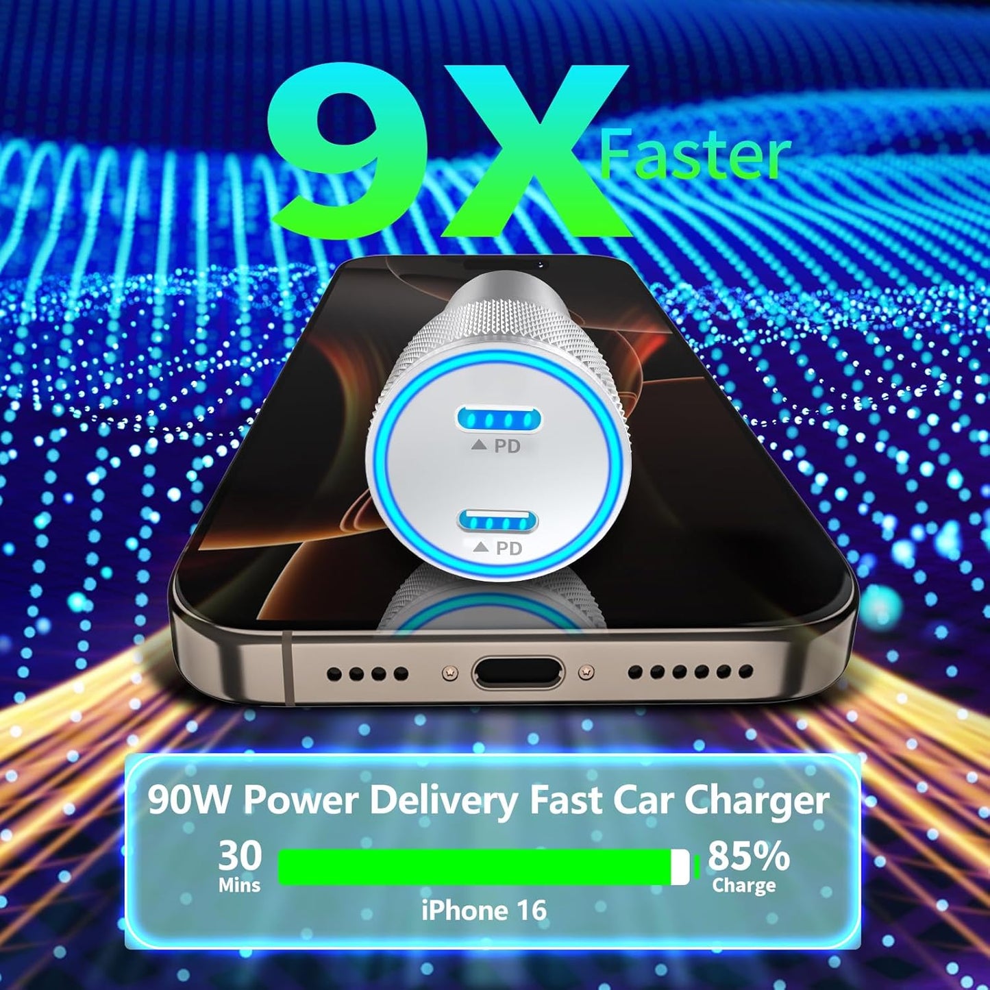 【Apple Mfi Certified】Iphone 16 Car Charger Fast Charging, 90W PD Power Cigarette Lighter USB-C Car Carplay Charger with 2Pack Type-C Cable for Iphone 16 Pro Max/15/15 Pro/Galaxy S24/S23/Pixel