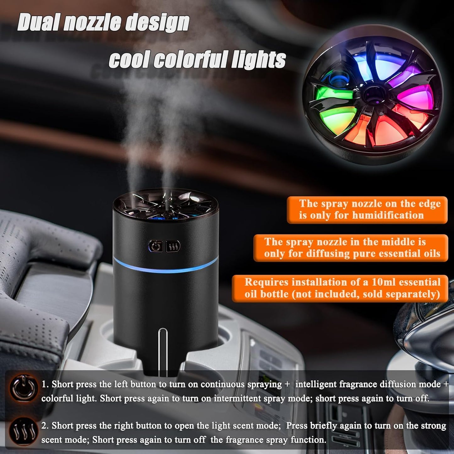 Waterless Car Diffuser for Essential Oils, 300Ml Dual Nozzle Battery Powered Humidifier, Smart Car Air Freshener Diffuser with Colorful Lights & Various Spray Modes for Cars Office Home(Black)