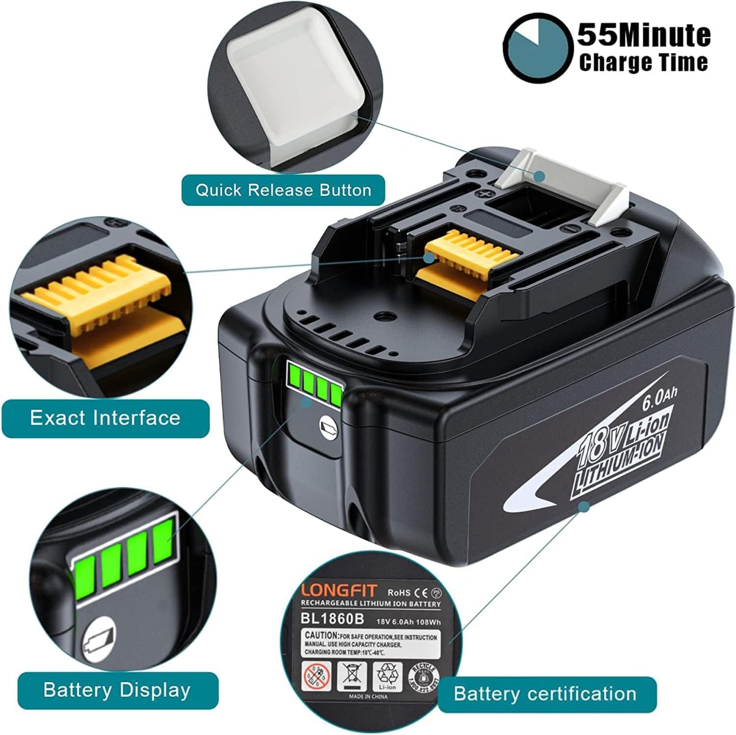 2Pack 5.0Ah Replacement Makita 18V Batteries + DC18RD Dual Port Battery Charger for Makita 18 Volt Battery BL1830 BL1840 BL1850