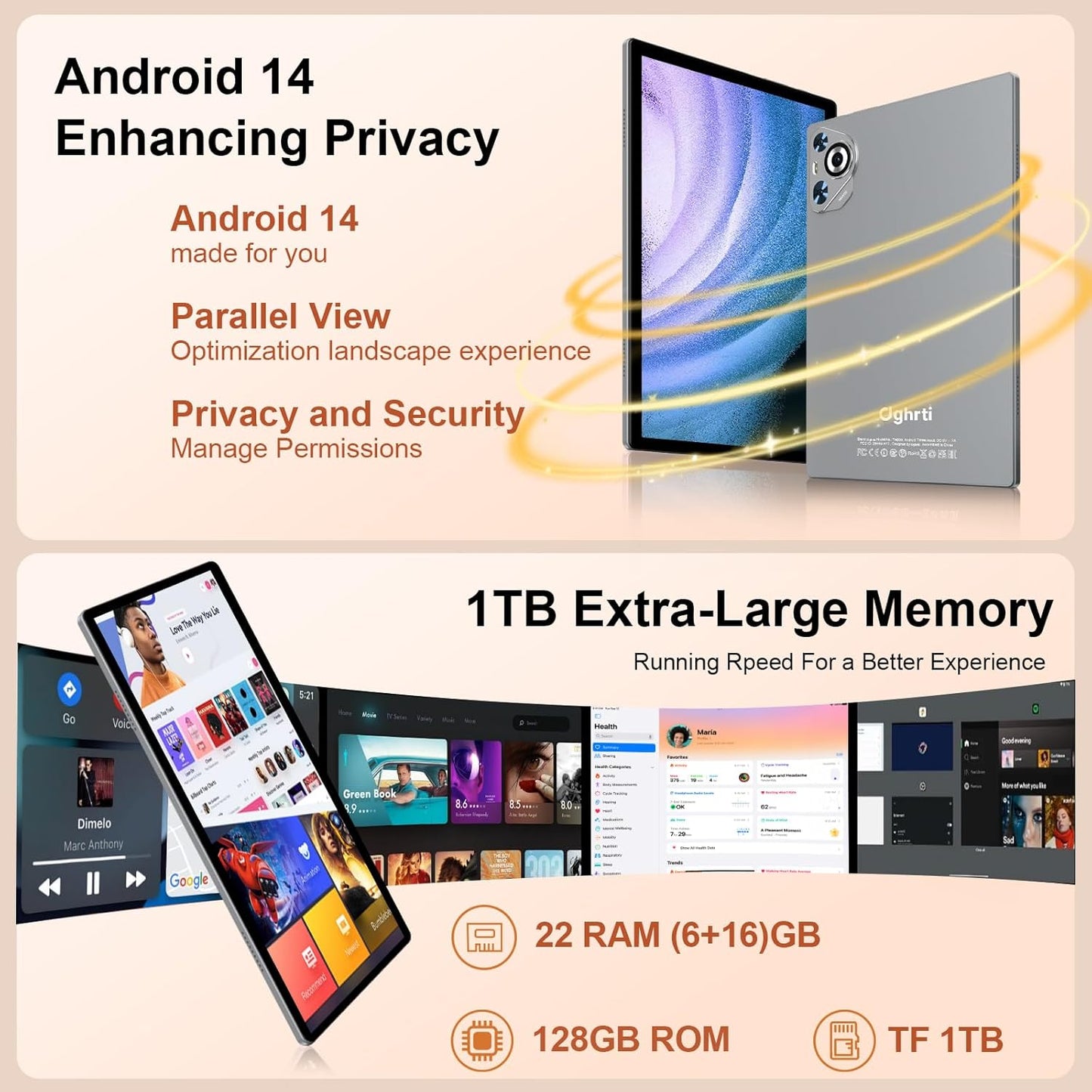 Newest Android 14 Tablet, 22GB RAM 128GB ROM 1TB Expansion, 10.1 Inch Touchscreen Tablet, Powerful Octa-Core, 8000Mah, 2 in 1 Tablet PC with Keyboard, Mouse, Bluetooth, GPS, Wifi -Grey