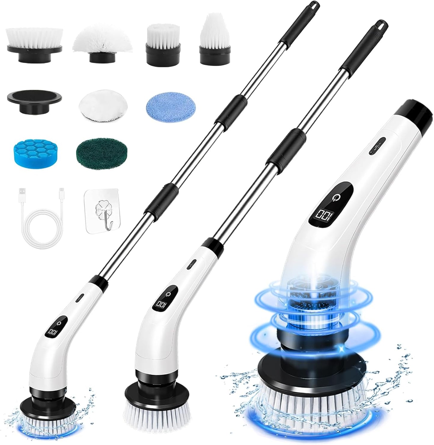 Kemolpo PowerSpin Pro Electric Scrubber - 8-Head Cordless Cleaning System with Detachable Extension Handle