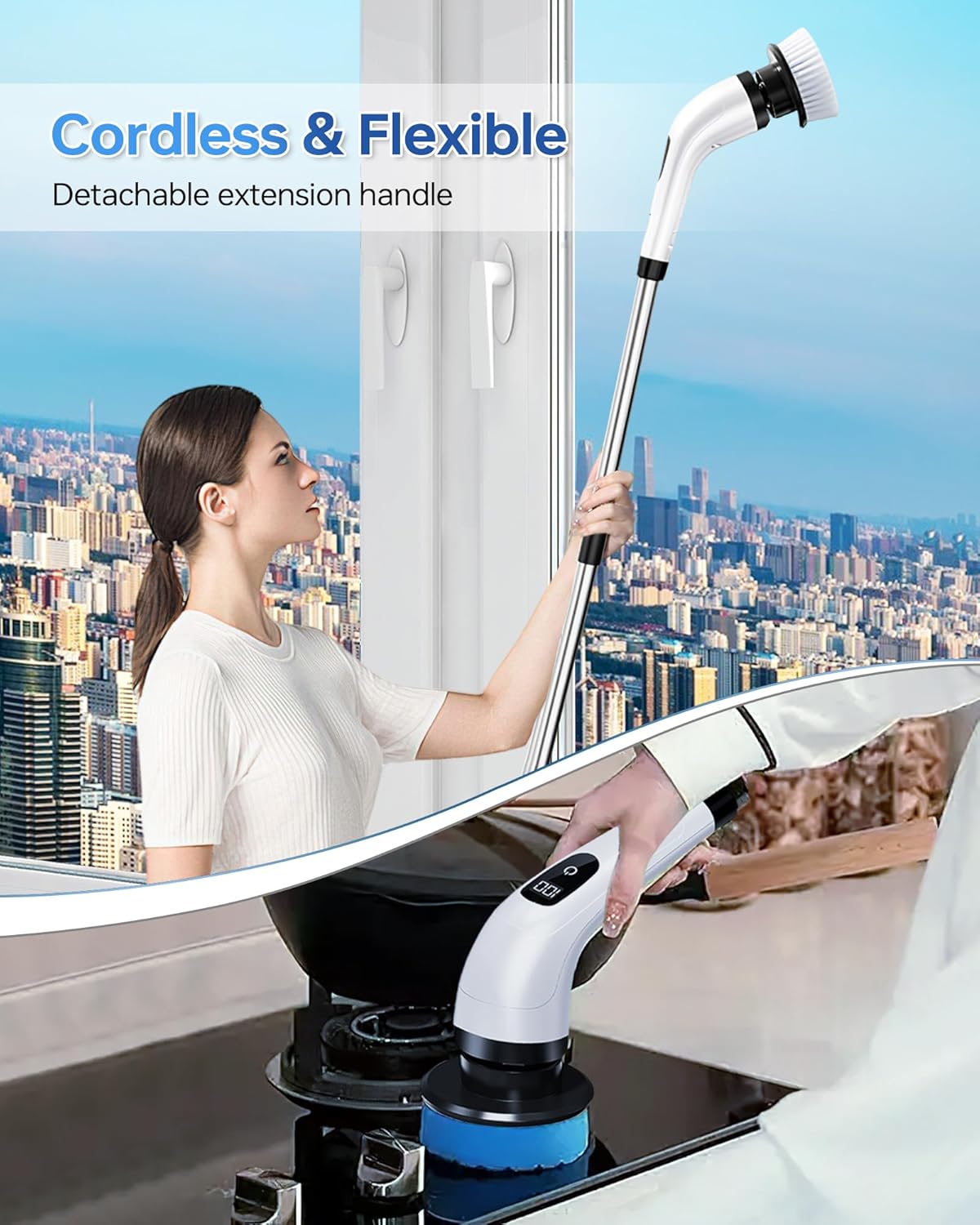 Kemolpo PowerSpin Pro Electric Scrubber - 8-Head Cordless Cleaning System with Detachable Extension Handle