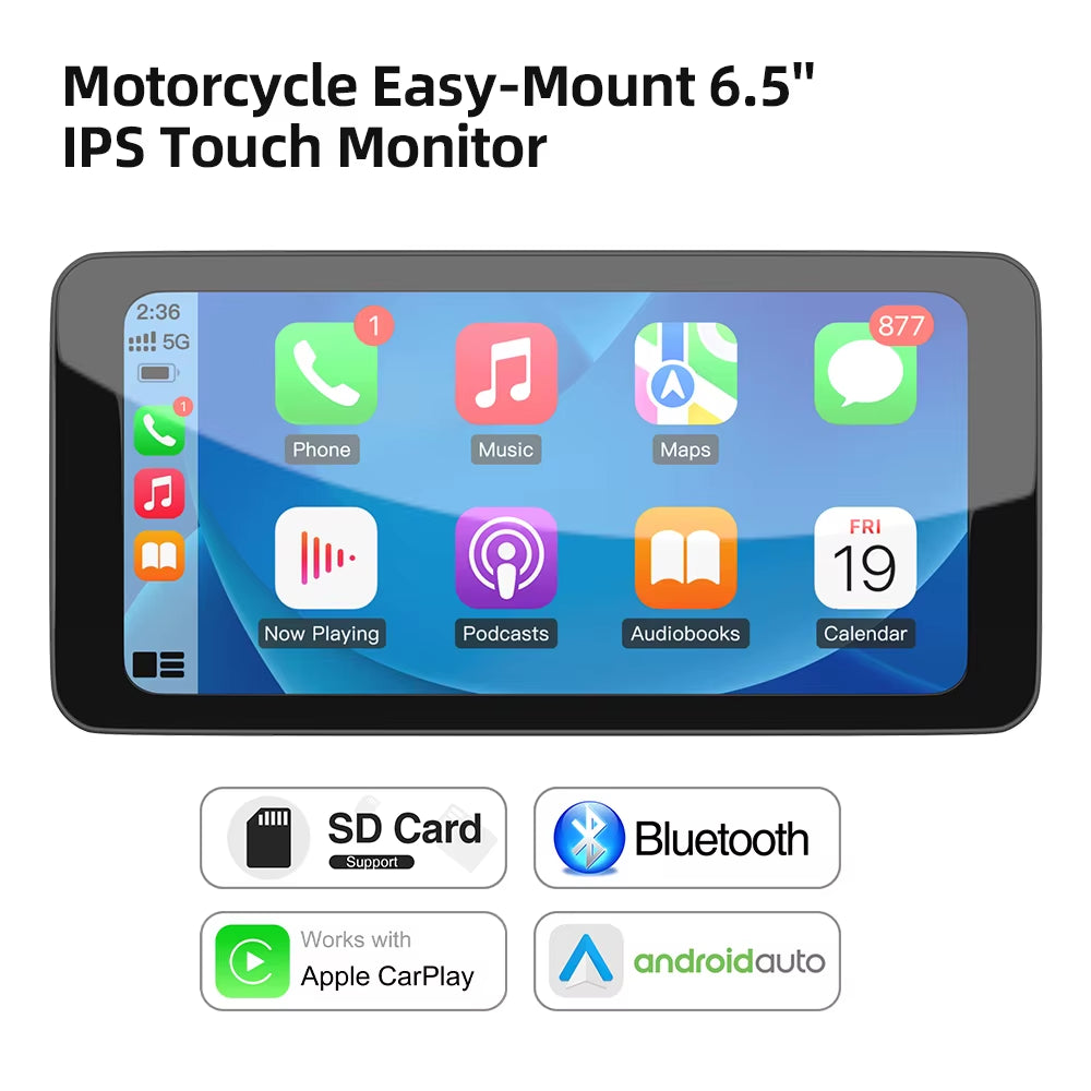 6.5Inch Motorcycle Carplay Android Auto Navigation Monitor Tire Pressure Display Portable IPS Screen Waterproof AUX Bluetooth
