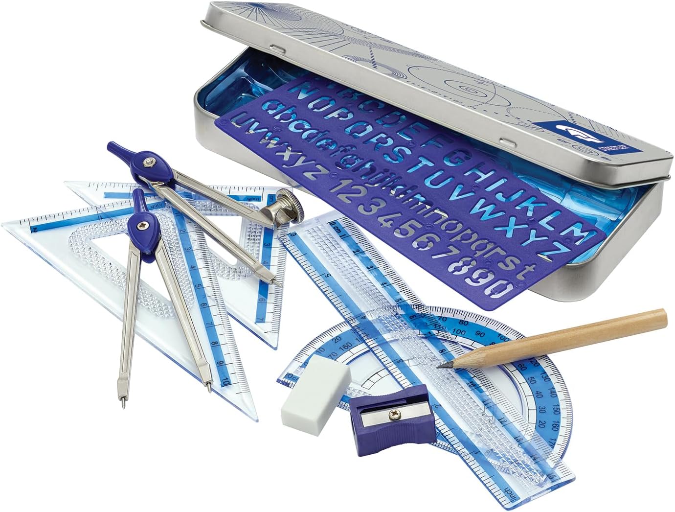 10-Piece Math Set with Metal Compass, 6" Ruler & Triangle Squares, 45° & 30/60° Set Squares, Alphabet Stencil - Measuring Tools