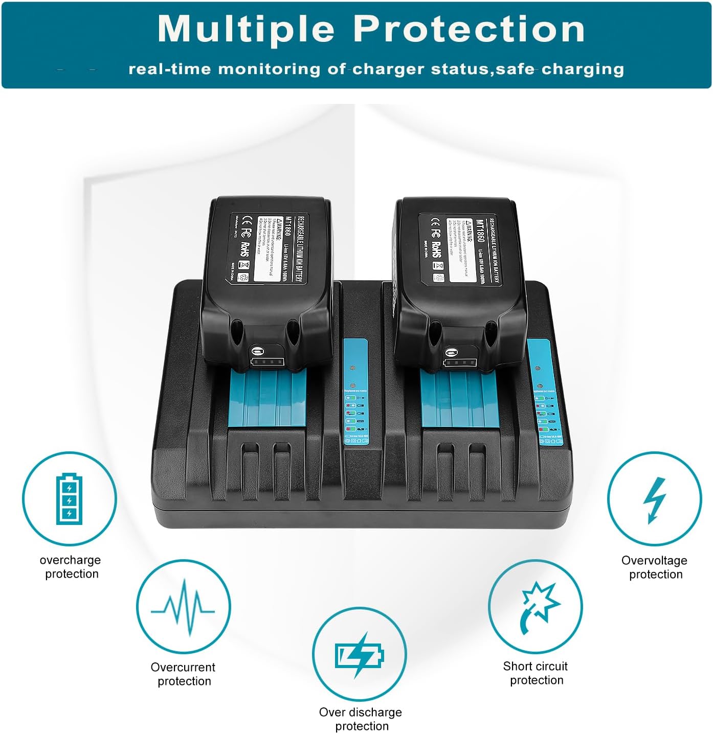 2Pack 5.0Ah Replacement Makita 18V Batteries + DC18RD Dual Port Battery Charger for Makita 18 Volt Battery BL1830 BL1840 BL1850