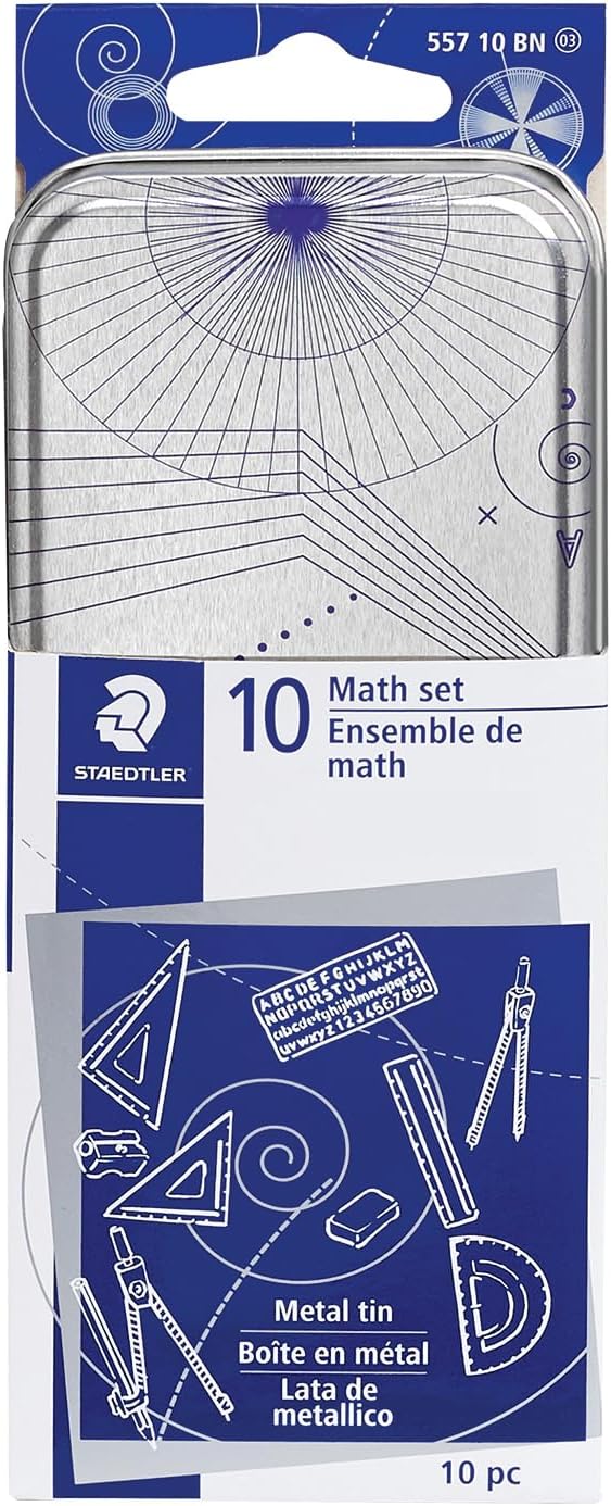 10-Piece Math Set with Metal Compass, 6" Ruler & Triangle Squares, 45° & 30/60° Set Squares, Alphabet Stencil - Measuring Tools