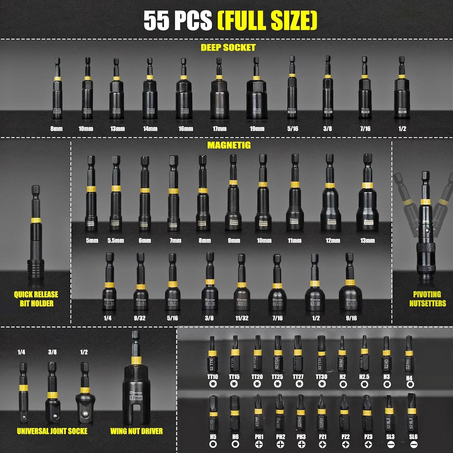 Facoow 55-Piece Magnetic Impact Nut Driver Set - Premium S2 Steel Bits with Deep Drivers, Wing Nut Setters & 1/4" Quick Change Extension