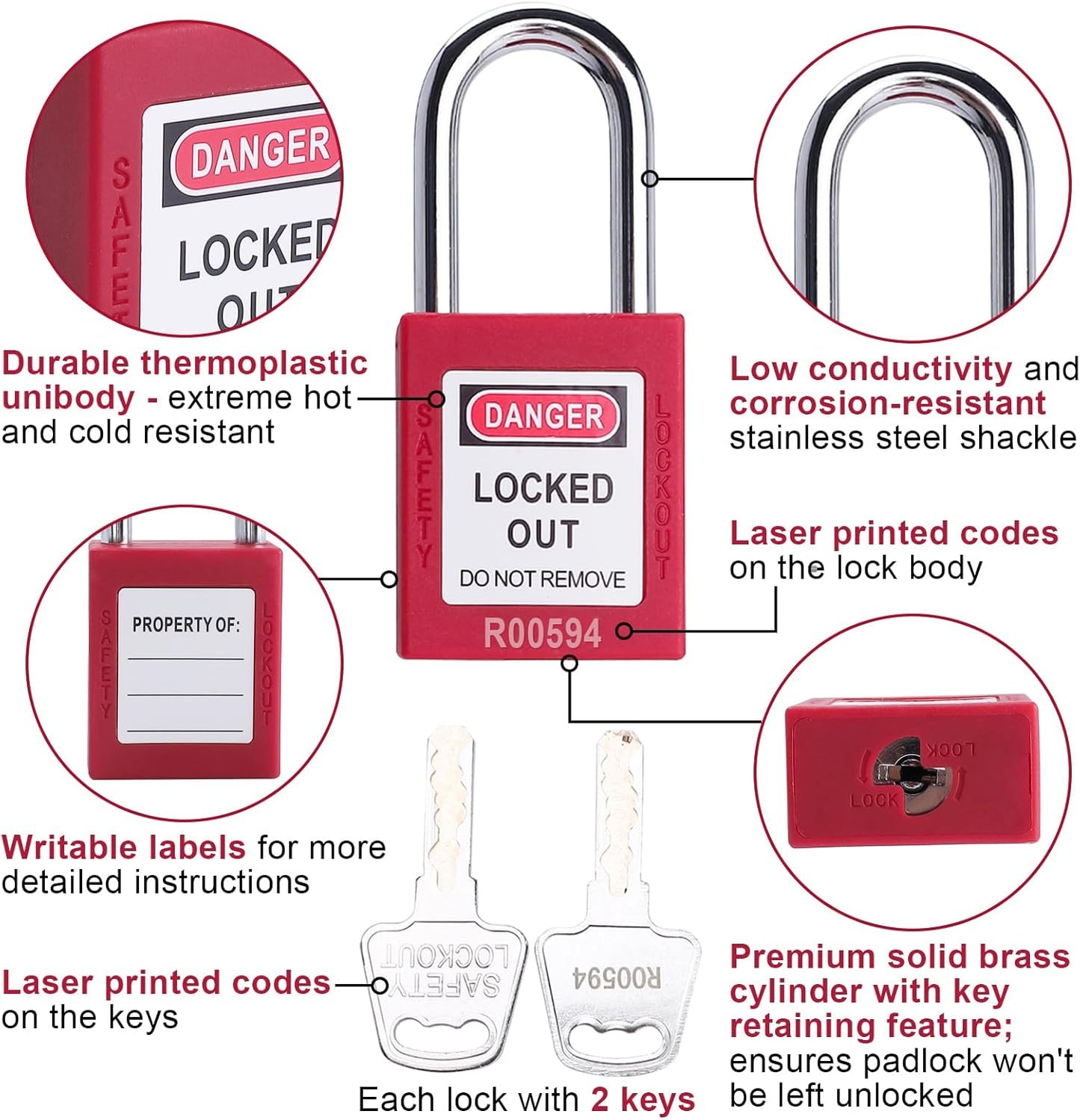 Lockout Tagout Locks, 5 Red Loto Locks Keyed Alike, Lock Out Tag Out Safety Padlocks, 2 Keys per Lock