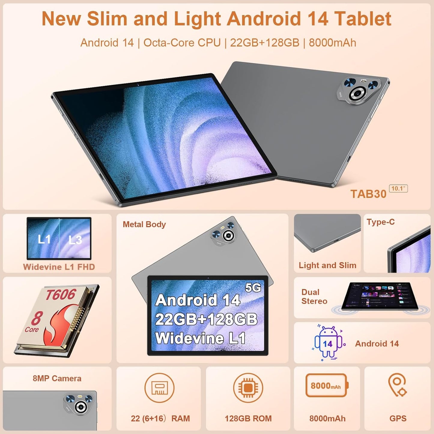 Newest Android 14 Tablet, 22GB RAM 128GB ROM 1TB Expansion, 10.1 Inch Touchscreen Tablet, Powerful Octa-Core, 8000Mah, 2 in 1 Tablet PC with Keyboard, Mouse, Bluetooth, GPS, Wifi -Grey