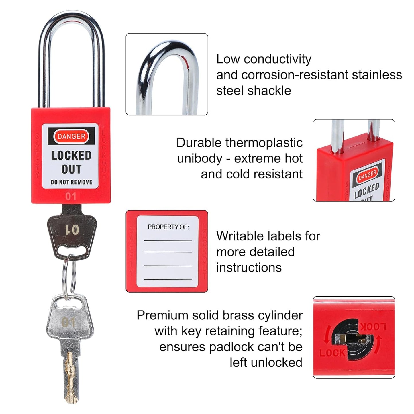 Lockout Tagout Safety Padlocks – Red Plastic Body, Stainless Steel Shackle, Keyed Alike, 2 Keys per Lock, Bulk 30/40 Packs, 2-Day Shipping Included