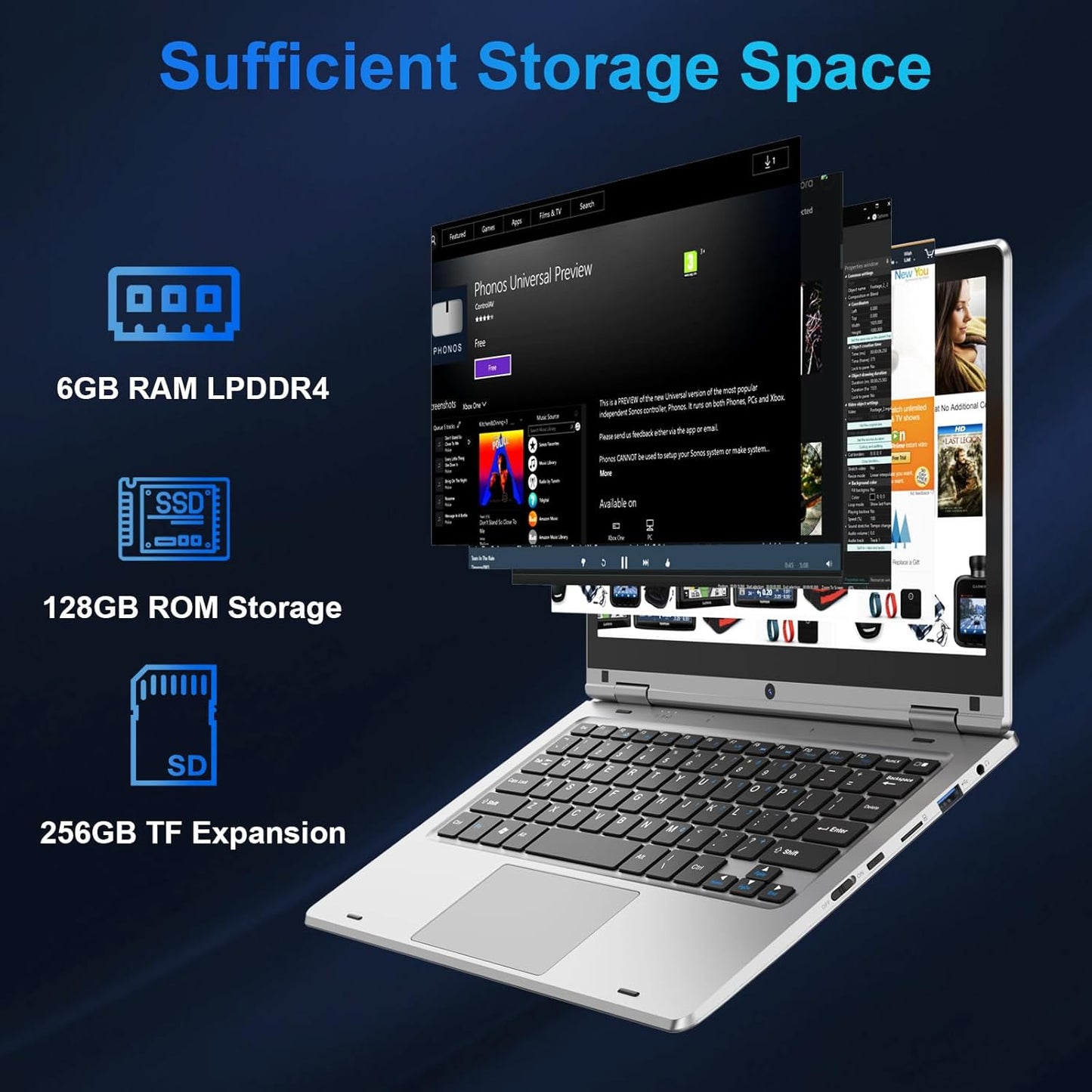 11.6" Laptop Touchscreen 360° Foldable Laptop PC 6GB RAM 128GB SSD FHD Display Laptop Computer Celeron N4020 with 256GB SD Card Dual Band Wifi Bluetooth 4.2 USB 3.0 * 1 HDMI*1 for Office Study Silver